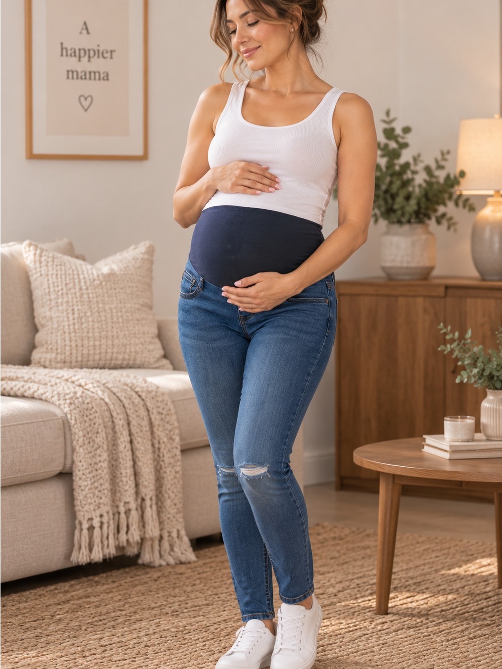 Indigo Blue Maternity Skinny Jeans XS Over Belly Panel Distressed Denim